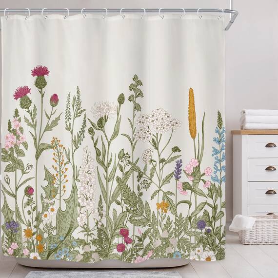 Riyidecor Duschvorhang aus Stoff mit Wildblume, botanischer Duschvorhang für Badezimmer, Dekoration, 183x188 cm, florale Blume, Pflanzen, Kräuter, grüne Blätter, wasserdicht, 12 Stück Haken
