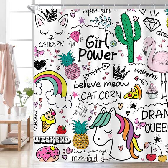 Riyidecor Einhorn-Duschvorhang, 182 x 183 cm, Cartoon-Design, Kinder, Mädchen, Teenager, Fee, Regenbogen, niedlich, 12 Metallhaken, Flamingo, Kaktus, Ananas, Dekoration, Polyester, wasserdicht