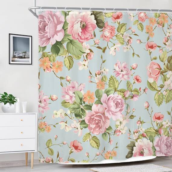 Riyidecor WW-NDHC Duschvorhang aus Stoff, für Badezimmer, 183 x 183 cm (B x H), Rosenmuster, blühende grüne Blätter, für Mädchen, Frauen, Badewannen-Zubehör, Dekoration, rustikal, wasserdicht, Stoff,