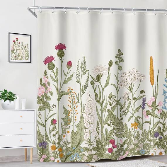 Riyidecor 183 x 213 cm (B x H), extra langer Duschvorhang für Badezimmer, Dekoration, Wildblumen, Blumen, Vintage, botanisches Zubehör, Kräuter, Pflanzen, Badezimmer-Set, Fenster, Stoff, Polyester,