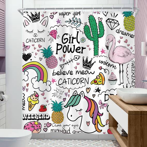Riyidecor Einhorn-Duschvorhang, 182 x 183 cm, Cartoon-Design, Kinder, Mädchen, Teenager, Fee, Regenbogen, niedlich, 12 Metallhaken, Flamingo, Kaktus, Ananas, Dekoration, Polyester, wasserdicht