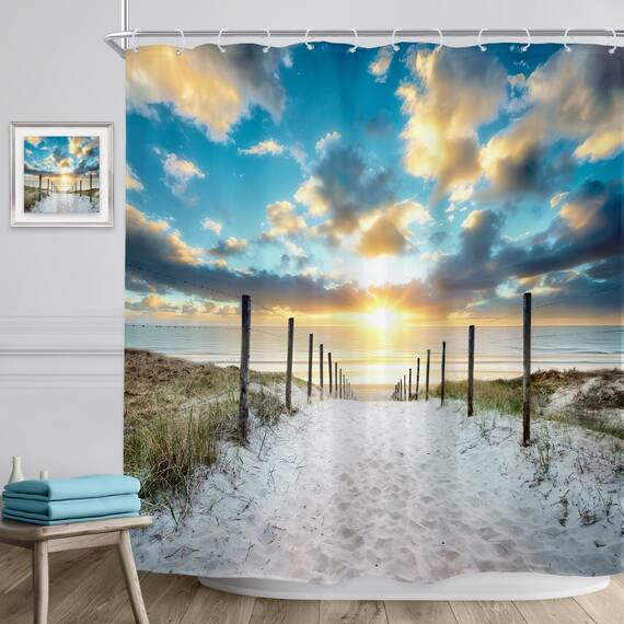 Riyidecor Duschvorhang, Strandmotiv, 72x72 cm, Sonnenuntergang, Sommer-Sonnenaufgang, hawaiianische Landschaft, blauer Himmel, Küstenlandschaft, Sand, Badezimmer, 12 Stück Kunststoff-Duschhaken