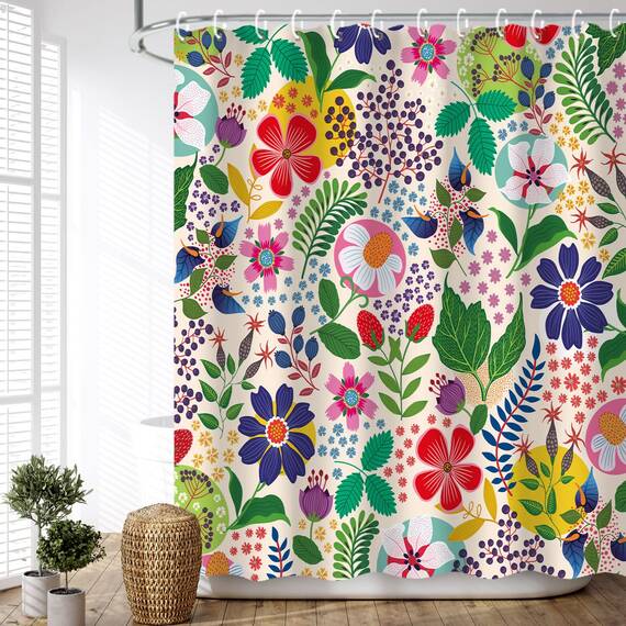 LIVILAN Duschvorhang mit Blumenmuster, bunt, Blume, Boho, hell, einzigartiger Stoff, Bohemian-Duschvorhang für Badezimmer, mit 12 Haken, 183 x 183 cm