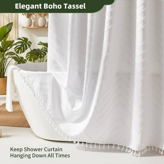 Siiluminisoy Kleiner Stall Boho Duschvorhang weiße Quaste gewebter Stoff Duschvorhang 91,4 x 183,9 cm halbe Größe getuftet Chevron gestreift strukturiert modern Bauernhaus minimalistischer