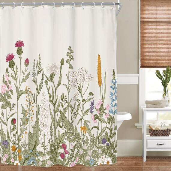 Riyidecor Duschvorhang aus Stoff mit Wildblumen-Motiv, 137 x 200 cm, für Badezimmer, Dekoration, grüne Blätter, botanisches dekoratives Bad-Set, Pflanzenkräuter, Badezimmerzubehör, Polyester,