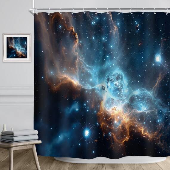 Riyidecor RY-KKCQ Galaxie-Duschvorhang – Nebel, Stern, Planet, Nacht, Sternenhimmel, Universum, Weltraum, Fantasie, Stoff, wasserdicht, Heimdekoration, 12 Stück, Kunststoffhaken, 183 x 183 cm
