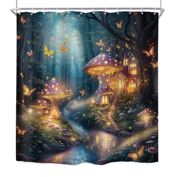 Riyidecor Fantasy-Duschvorhang, 183 x 183 cm, Fee, schöner Garten, Pilz, Wunderland, Holz, Baum, magischer Wald, Schmetterling, Blumenmädchen, Badezimmer, Dekoration, Stoff, Polyester, wasserdicht, 12