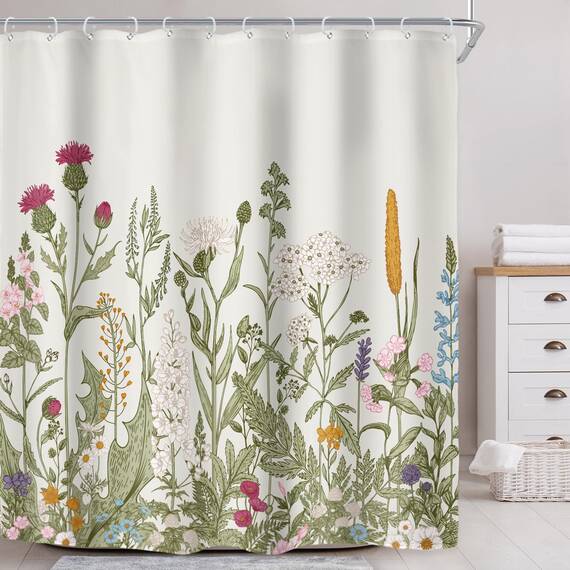Riyidecor 183 x 213 cm (B x H), extra langer Duschvorhang für Badezimmer, Dekoration, Wildblumen, Blumen, Vintage, botanisches Zubehör, Kräuter, Pflanzen, Badezimmer-Set, Fenster, Stoff, Polyester,