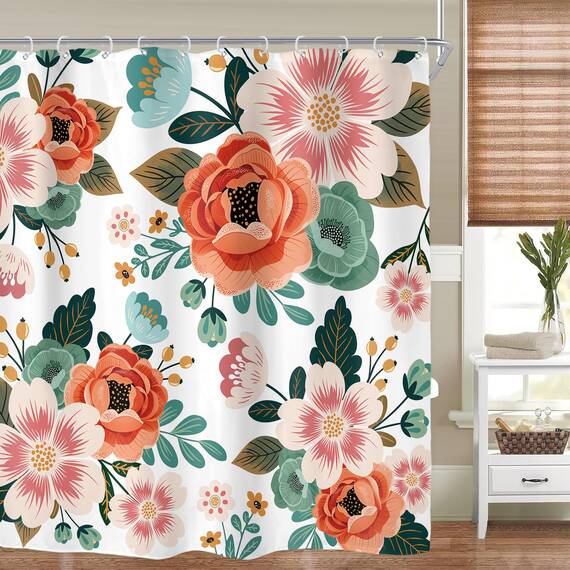 Riyidecor Duschvorhang-Set, extra lang, Blumenmuster, 183 x 200 cm, Blume, Frühlingssaison, grüne Blätter, Orange, Frauen, Badezimmer-Dekor, Stoff, Polyester, wasserdicht, mit 12 Stück
