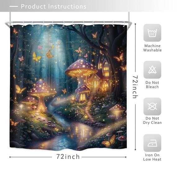 Riyidecor Fantasy-Duschvorhang, 183 x 183 cm, Fee, schöner Garten, Pilz, Wunderland, Holz, Baum, magischer Wald, Schmetterling, Blumenmädchen, Badezimmer, Dekoration, Stoff, Polyester, wasserdicht, 12