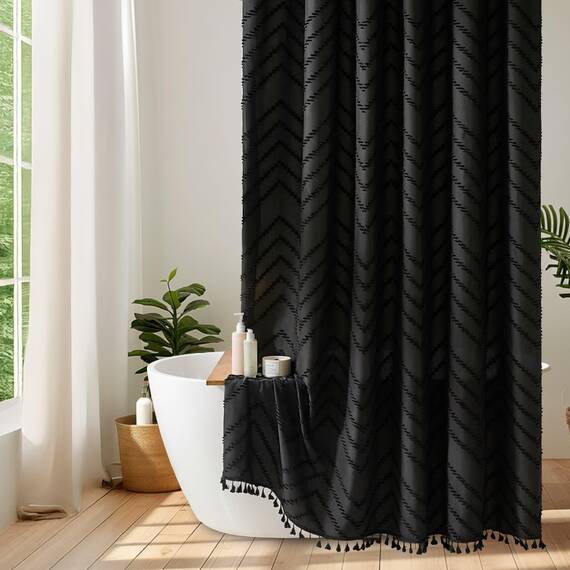 Siiluminisoy Extra langer schwarzer Boho-Zickzack-Duschvorhang mit Quaste, gewebter Stoff-Duschvorhang, 183 x 244 cm, getuftet, gestreift, modern, schick, strukturiert, Duschvorhang-Set