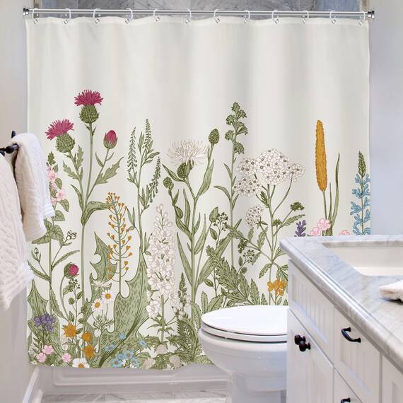 Riyidecor Duschvorhang aus Stoff mit Wildblume, botanischer Duschvorhang für Badezimmer, Dekoration, 183x188 cm, florale Blume, Pflanzen, Kräuter, grüne Blätter, wasserdicht, 12 Stück Haken