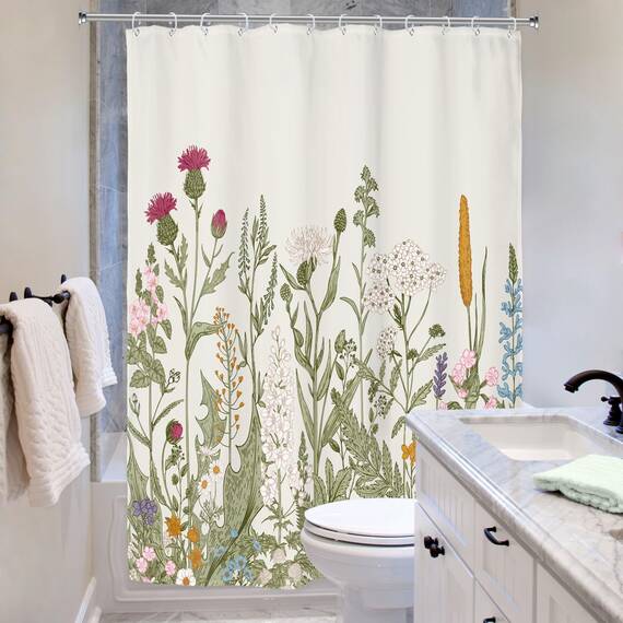 Riyidecor Duschvorhang aus Stoff mit Wildblumen-Motiv, 137 x 200 cm, für Badezimmer, Dekoration, grüne Blätter, botanisches dekoratives Bad-Set, Pflanzenkräuter, Badezimmerzubehör, Polyester,