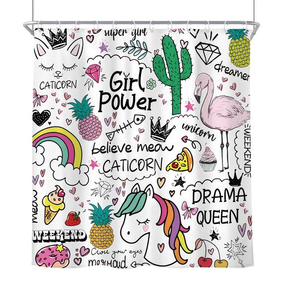 Riyidecor Einhorn-Duschvorhang, 182 x 183 cm, Cartoon-Design, Kinder, Mädchen, Teenager, Fee, Regenbogen, niedlich, 12 Metallhaken, Flamingo, Kaktus, Ananas, Dekoration, Polyester, wasserdicht