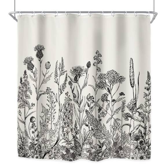 Riyidecor Wild Floral Shower Curtain for Bathroom Decor 72Wx78H Botanical Flower Plant Herbs Tulpe Nature Blossom Wildflower Leaf Sketch Art Printed Fabric Polyester Waterproof 12 Pack Plastic Hooks