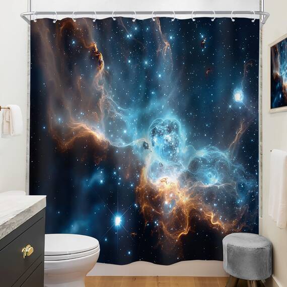 Riyidecor RY-KKCQ Galaxie-Duschvorhang – Nebel, Stern, Planet, Nacht, Sternenhimmel, Universum, Weltraum, Fantasie, Stoff, wasserdicht, Heimdekoration, 12 Stück, Kunststoffhaken, 183 x 183 cm