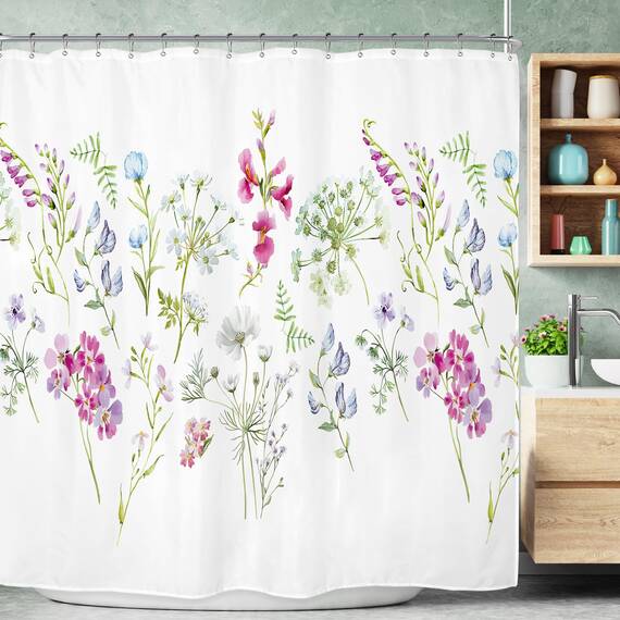 Riyidecor Extra breiter Duschvorhang mit Kräutern, Blumenmotiv, 274 x 182 cm (B x H), 18 Stück, Metallhaken, Wildblumen, Pflanzen, Blumendekor, Stoff, Badezimmer, Polyester, wasserdicht