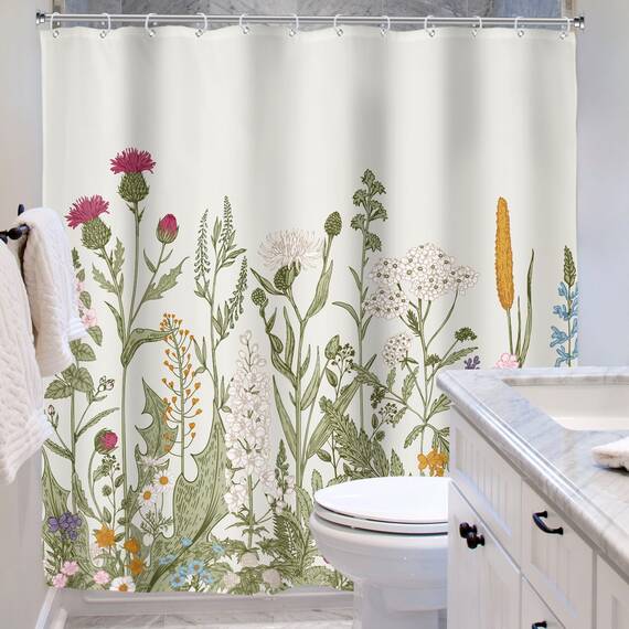 Riyidecor 183 x 213 cm (B x H), extra langer Duschvorhang für Badezimmer, Dekoration, Wildblumen, Blumen, Vintage, botanisches Zubehör, Kräuter, Pflanzen, Badezimmer-Set, Fenster, Stoff, Polyester,