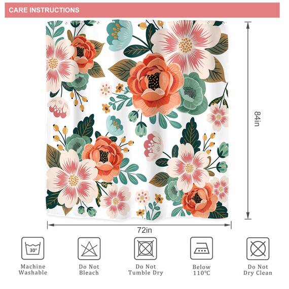 Riyidecor Duschvorhang-Set, extra lang, Blumenmuster, 183 x 200 cm, Blume, Frühlingssaison, grüne Blätter, Orange, Frauen, Badezimmer-Dekor, Stoff, Polyester, wasserdicht, mit 12 Stück