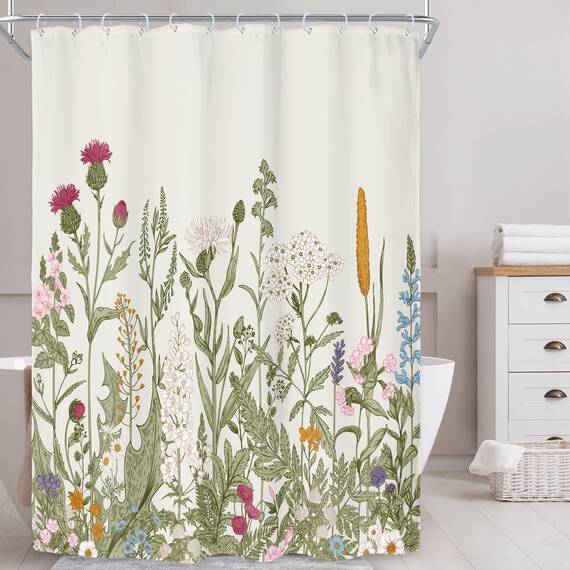 Riyidecor Duschvorhang aus Stoff mit Wildblumen-Motiv, 137 x 200 cm, für Badezimmer, Dekoration, grüne Blätter, botanisches dekoratives Bad-Set, Pflanzenkräuter, Badezimmerzubehör, Polyester,