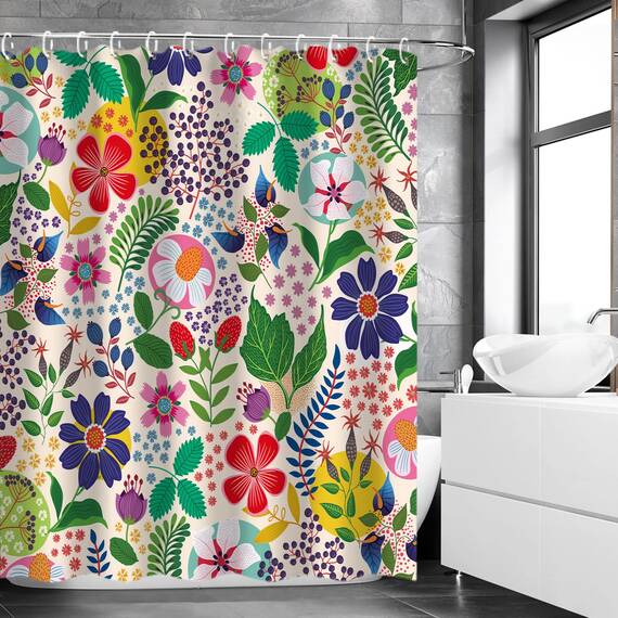 LIVILAN Duschvorhang mit Blumenmuster, bunt, Blume, Boho, hell, einzigartiger Stoff, Bohemian-Duschvorhang für Badezimmer, mit 12 Haken, 183 x 183 cm