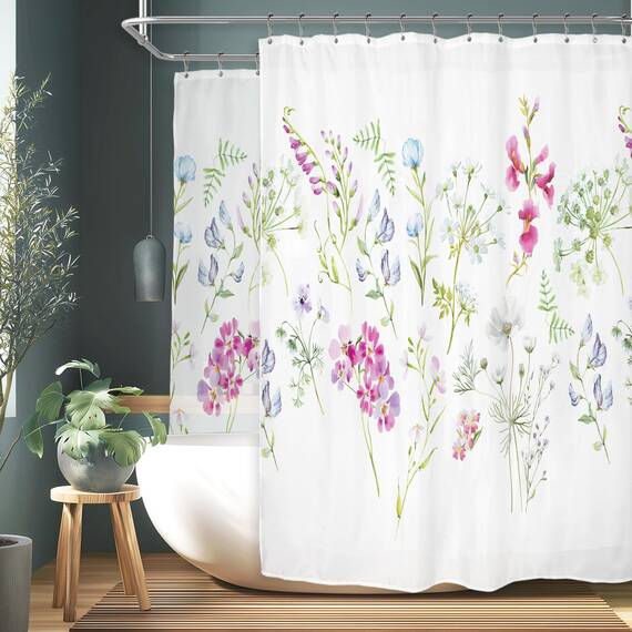 Riyidecor Extra breiter Duschvorhang mit Kräutern, Blumenmotiv, 274 x 182 cm (B x H), 18 Stück, Metallhaken, Wildblumen, Pflanzen, Blumendekor, Stoff, Badezimmer, Polyester, wasserdicht