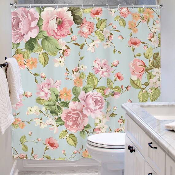 Riyidecor WW-NDHC Duschvorhang aus Stoff, für Badezimmer, 183 x 183 cm (B x H), Rosenmuster, blühende grüne Blätter, für Mädchen, Frauen, Badewannen-Zubehör, Dekoration, rustikal, wasserdicht, Stoff,