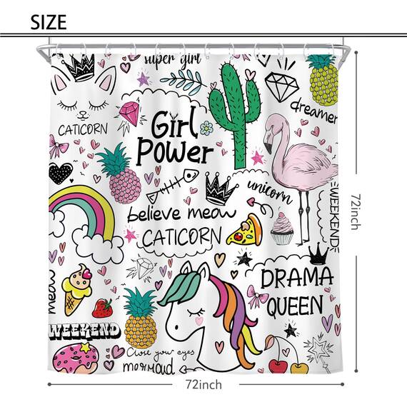 Riyidecor Einhorn-Duschvorhang, 182 x 183 cm, Cartoon-Design, Kinder, Mädchen, Teenager, Fee, Regenbogen, niedlich, 12 Metallhaken, Flamingo, Kaktus, Ananas, Dekoration, Polyester, wasserdicht