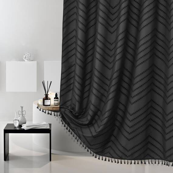 Siiluminisoy Extra langer schwarzer Boho-Duschvorhang mit Quaste, gewebter Stoff, 203,2 cm, getufteter Chevron-gestreift, 183 x 203,2 cm, modern, schick, strukturiert, minimalistisch,