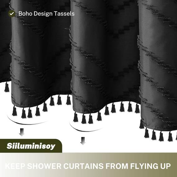 Siiluminisoy Extra langer schwarzer Boho-Duschvorhang mit Quaste, gewebter Stoff, 203,2 cm, getufteter Chevron-gestreift, 183 x 203,2 cm, modern, schick, strukturiert, minimalistisch,
