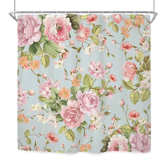 Riyidecor WW-NDHC Duschvorhang aus Stoff, für Badezimmer, 183 x 183 cm (B x H), Rosenmuster, blühende grüne Blätter, für Mädchen, Frauen, Badewannen-Zubehör, Dekoration, rustikal, wasserdicht, Stoff,