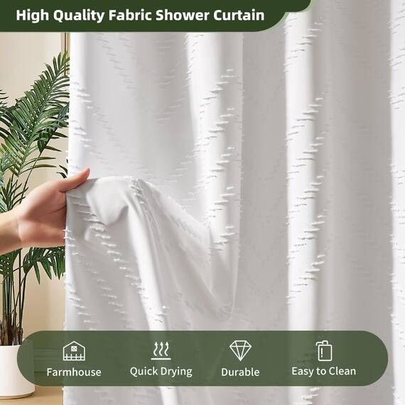 Siiluminisoy Extra langer weißer Boho-Duschvorhang mit Quaste, gewebter Stoff, 228,6 cm, getufteter Chevron-Streifen, 183 x 228,6 cm, modern, schick, strukturiert, minimalistisch