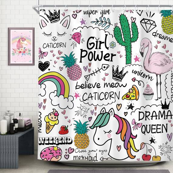 Riyidecor Einhorn-Duschvorhang, 182 x 183 cm, Cartoon-Design, Kinder, Mädchen, Teenager, Fee, Regenbogen, niedlich, 12 Metallhaken, Flamingo, Kaktus, Ananas, Dekoration, Polyester, wasserdicht