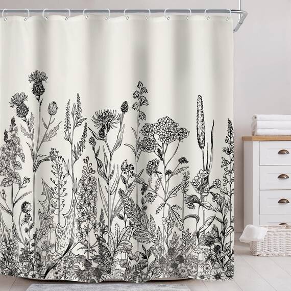 Riyidecor Wild Floral Shower Curtain for Bathroom Decor 72Wx78H Botanical Flower Plant Herbs Tulpe Nature Blossom Wildflower Leaf Sketch Art Printed Fabric Polyester Waterproof 12 Pack Plastic Hooks