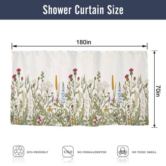 Riyidecor Green Leaves Clawfoot Tub Duschvorhang, 450 x 180 cm (B x H), rundum mit Blumenmotiv, extra breit, Tulpenpflanzen, Efeu, Kräuter, Dekoration, Badezimmer, Polyester, Metallhaken, 32 Stück