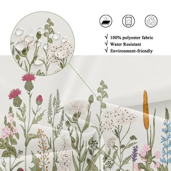 Riyidecor Duschvorhang aus Stoff mit Wildblume, botanischer Duschvorhang für Badezimmer, Dekoration, 183x188 cm, florale Blume, Pflanzen, Kräuter, grüne Blätter, wasserdicht, 12 Stück Haken