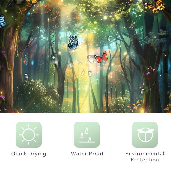 Riyidecor Fantasy-Duschvorhang, 183 x 183 cm (B x H), Fee, schönes Wunderland, Waldbaum, Wildblume, Garten, Schmetterling, Pflanze, Natur, Badezimmer, Dekor, Stoff, Polyester, wasserdicht, 12 Haken