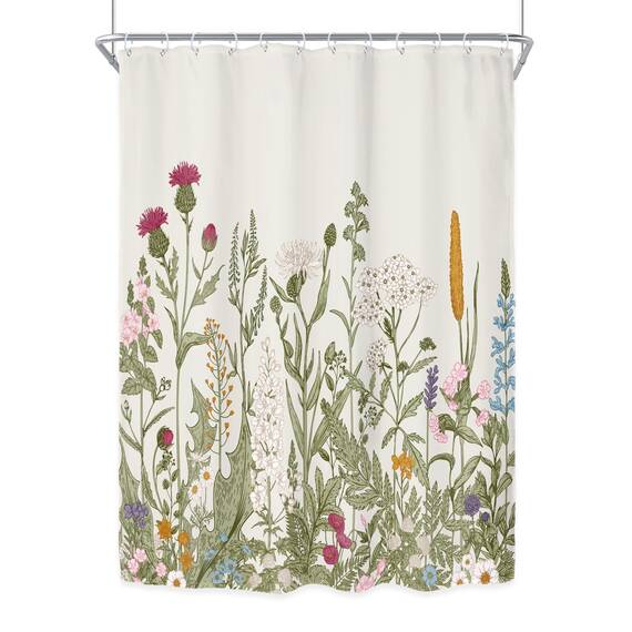 Riyidecor Duschvorhang aus Stoff mit Wildblumen-Motiv, 137 x 200 cm, für Badezimmer, Dekoration, grüne Blätter, botanisches dekoratives Bad-Set, Pflanzenkräuter, Badezimmerzubehör, Polyester,