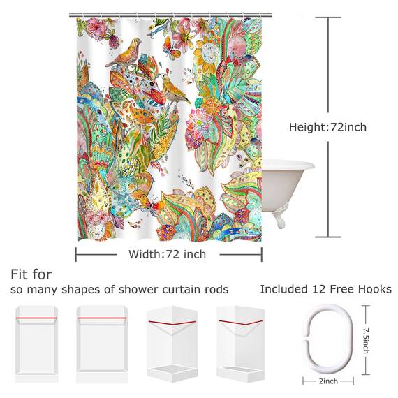 LIVILAN Duschvorhang-Set mit bunten Blumen und Vögeln, mit 12 Haken, Paisleymuster, Duschvorhang aus strapazierfähigem Stoff, Badvorhang, Heimdekoration, Badezimmerzubehör, 183 x 183 cm (B x H)