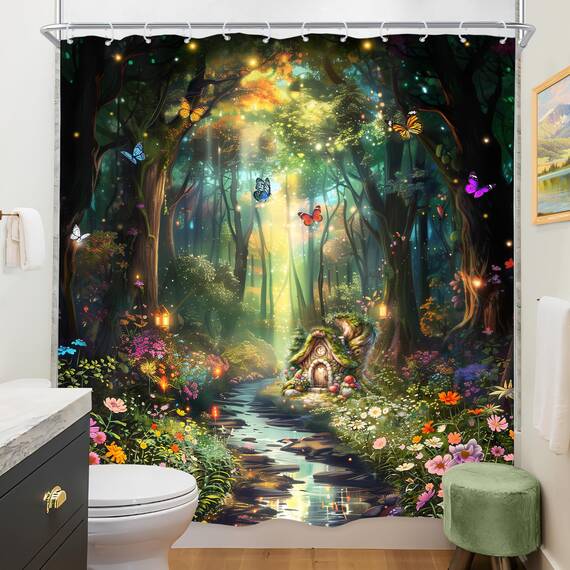 Riyidecor Fantasy-Duschvorhang, 183 x 183 cm (B x H), Fee, schönes Wunderland, Waldbaum, Wildblume, Garten, Schmetterling, Pflanze, Natur, Badezimmer, Dekor, Stoff, Polyester, wasserdicht, 12 Haken