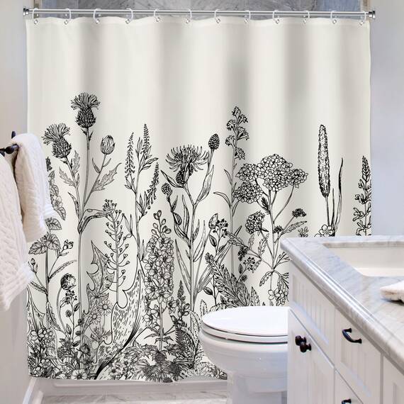 Riyidecor Wild Floral Shower Curtain for Bathroom Decor 72Wx78H Botanical Flower Plant Herbs Tulpe Nature Blossom Wildflower Leaf Sketch Art Printed Fabric Polyester Waterproof 12 Pack Plastic Hooks