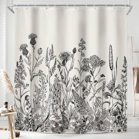 Riyidecor Wild Floral Shower Curtain for Bathroom Decor 72Wx78H Botanical Flower Plant Herbs Tulpe Nature Blossom Wildflower Leaf Sketch Art Printed Fabric Polyester Waterproof 12 Pack Plastic Hooks
