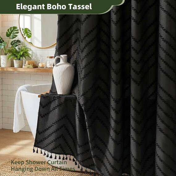 Siiluminisoy Stall Boho Duschvorhang, schwarze Quaste, gewebter Stoff, Duschvorhang, 54 x 72 cm, modern, Bauernhaus, strukturiert, getuftet, Chevron, gestreift, minimalistisch, Badezimmer-Duschvorhang