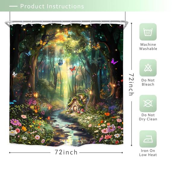 Riyidecor Fantasy-Duschvorhang, 183 x 183 cm (B x H), Fee, schönes Wunderland, Waldbaum, Wildblume, Garten, Schmetterling, Pflanze, Natur, Badezimmer, Dekor, Stoff, Polyester, wasserdicht, 12 Haken