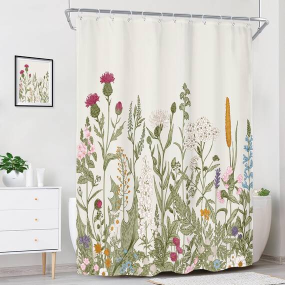 Riyidecor Duschvorhang aus Stoff mit Wildblumen-Motiv, 137 x 200 cm, für Badezimmer, Dekoration, grüne Blätter, botanisches dekoratives Bad-Set, Pflanzenkräuter, Badezimmerzubehör, Polyester,