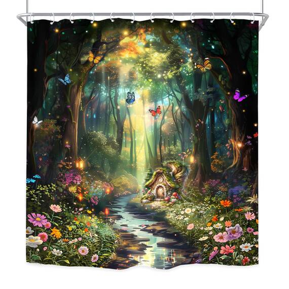 Riyidecor Fantasy-Duschvorhang, 183 x 183 cm (B x H), Fee, schönes Wunderland, Waldbaum, Wildblume, Garten, Schmetterling, Pflanze, Natur, Badezimmer, Dekor, Stoff, Polyester, wasserdicht, 12 Haken