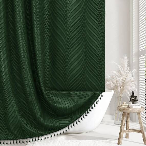Siiluminisoy Extra langer Duschvorhang, dunkelgrün, 244 cm, Boho-Webstoff, getuftete Blätter, strukturierte Duschvorhänge für Badezimmer