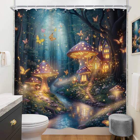 Riyidecor Fantasy-Duschvorhang, 183 x 183 cm, Fee, schöner Garten, Pilz, Wunderland, Holz, Baum, magischer Wald, Schmetterling, Blumenmädchen, Badezimmer, Dekoration, Stoff, Polyester, wasserdicht, 12