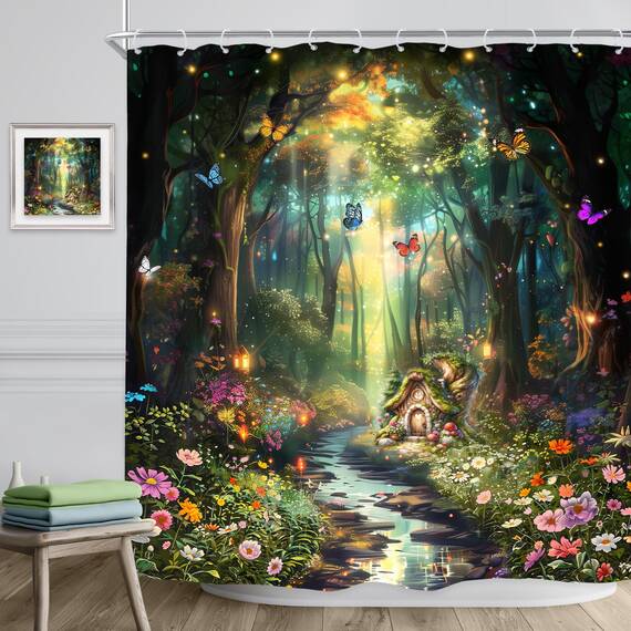 Riyidecor Fantasy-Duschvorhang, 183 x 183 cm (B x H), Fee, schönes Wunderland, Waldbaum, Wildblume, Garten, Schmetterling, Pflanze, Natur, Badezimmer, Dekor, Stoff, Polyester, wasserdicht, 12 Haken