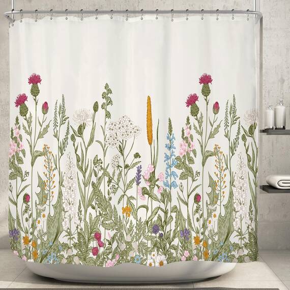 Riyidecor Green Leaves Clawfoot Tub Duschvorhang, 450 x 180 cm (B x H), rundum mit Blumenmotiv, extra breit, Tulpenpflanzen, Efeu, Kräuter, Dekoration, Badezimmer, Polyester, Metallhaken, 32 Stück